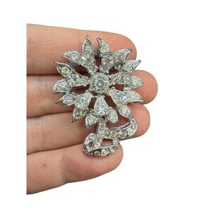 Vintage Silver Tone flower rhinestone brooch flower pin